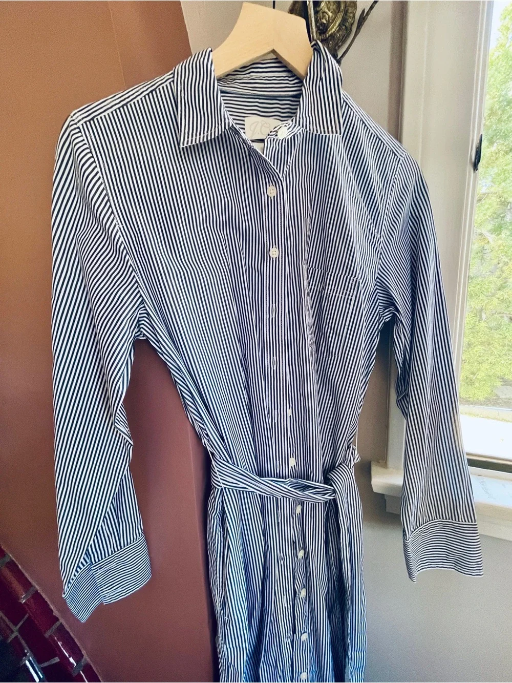 J. Crew Navy and White Striped Button-Down Shirt Dress with Waist Tie, pockets